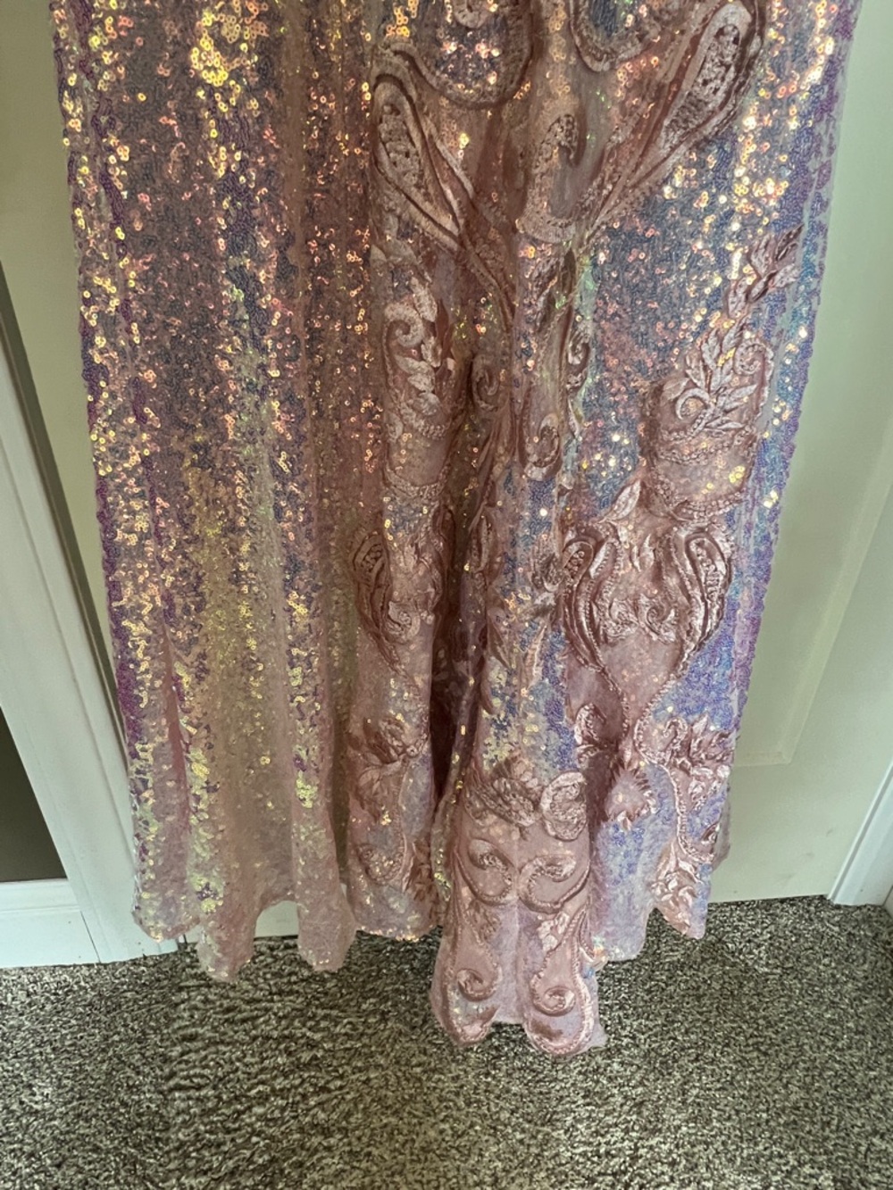 Portia & Scarlett Pink Blue Sequin Evening Gown with Feather Shoulders - Picture 11 of 16
